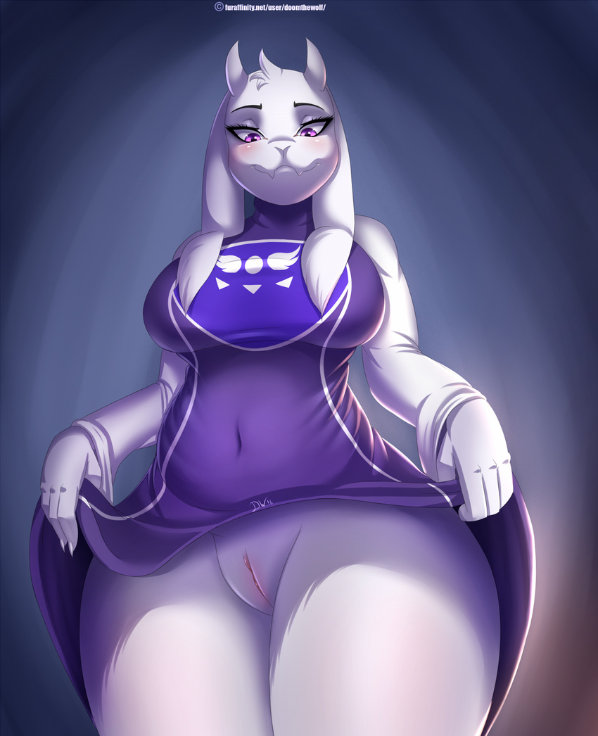 2016 anthro big_breasts blue_background blush boss_monster bottomless breasts caprine claws clothed clothing doomthewolf english_text female fur goat hair hi_res low-angle_view mammal navel purple_eyes pussy robe signature simple_background text toriel undertale video_games white_fur white_hair wide_hips