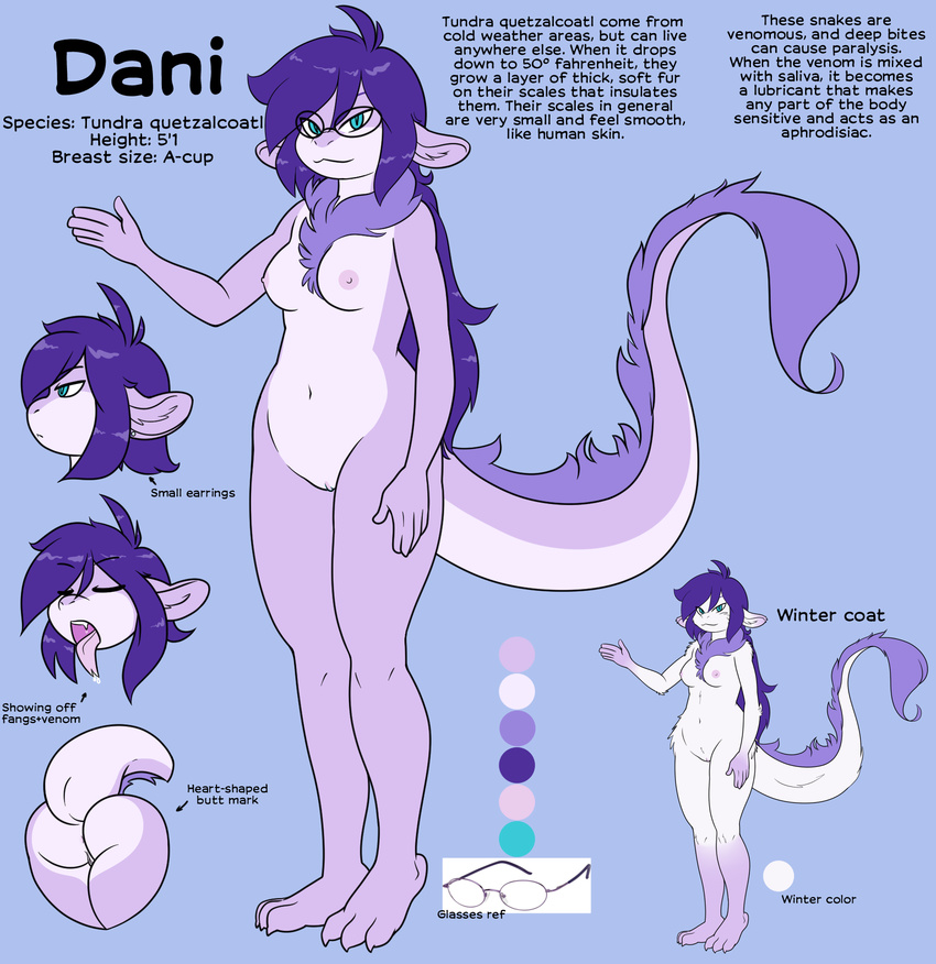 2016 anus blue_eyes breasts butt dani_(daniruu) daniruu dragon ear_piercing eyewear fangs female fluffy forked_tongue fur glasses hair hi_res lapinbeau long_hair long_tail model_sheet nipples piercing purple_fur purple_hair purple_skin pussy quetzalcoatl reptile scalie small_breasts snake solo synapsid tongue tundra_quetzalcoatl white_fur winter_coat