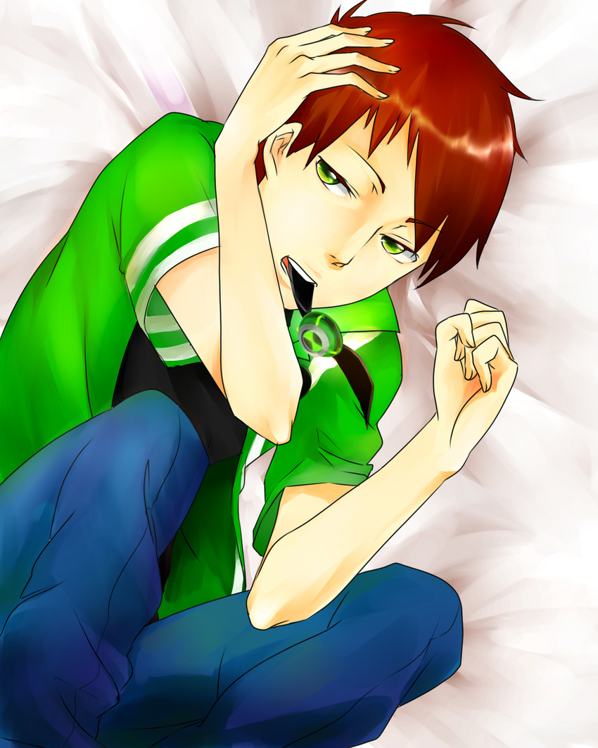 absurdres bed_sheet ben_10 ben_10:_omniverse benjamin_kirby_tennyson brown_hair fetal_position green_eyes hand_on_own_face highres lying male_focus mouth_hold omnitrix open_mouth rohi_(luzi) solo
