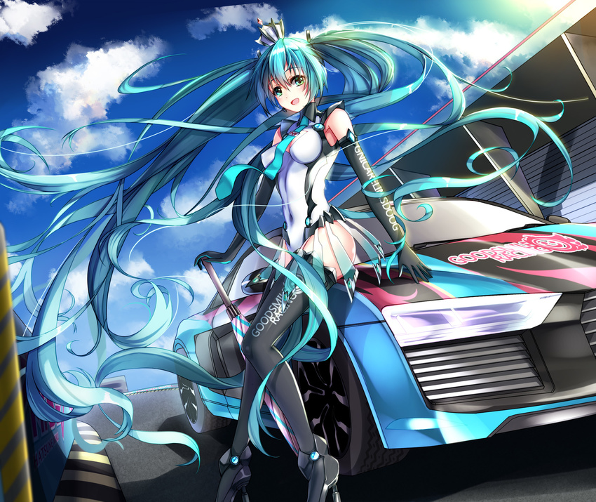 absurdly_long_hair aqua_hair audi_r8 black_footwear black_legwear boots closed_umbrella cloud covered_navel day elbow_gloves full_body gloves goodsmile_company goodsmile_racing green_eyes hatsune_miku high_heels highres leotard long_hair looking_at_viewer necktie open_mouth race_queen racecar racing_miku racing_miku_(2013) ryuuzouji_usagi sitting sky solo thigh_boots thighhighs twintails umbrella very_long_hair vocaloid