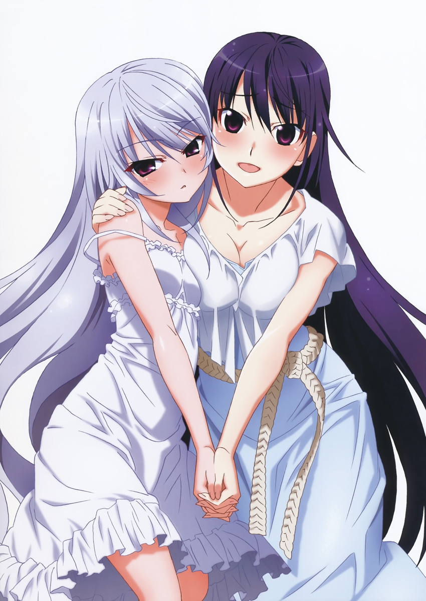 :d absurdres arm_around_shoulder asymmetrical_docking bangs bare_shoulders belt black_hair blue_dress blush breast_press breasts chestnut_mouth cleavage crop_top dress frilled_dress frills from_side grisaia_(series) grisaia_no_kajitsu hair_between_eyes half-closed_eyes hand_on_another's_shoulder happy head_tilt highres hips holding_hands interlocked_fingers kazami_kazuki long_hair looking_at_viewer loose_belt multiple_girls no_bra official_art open_mouth outstretched_arm parted_bangs parted_lips purple_eyes raised_eyebrows sakaki_yumiko scan shirt silver_hair simple_background small_breasts smile spaghetti_strap standing strap_slip sundress very_long_hair white_dress