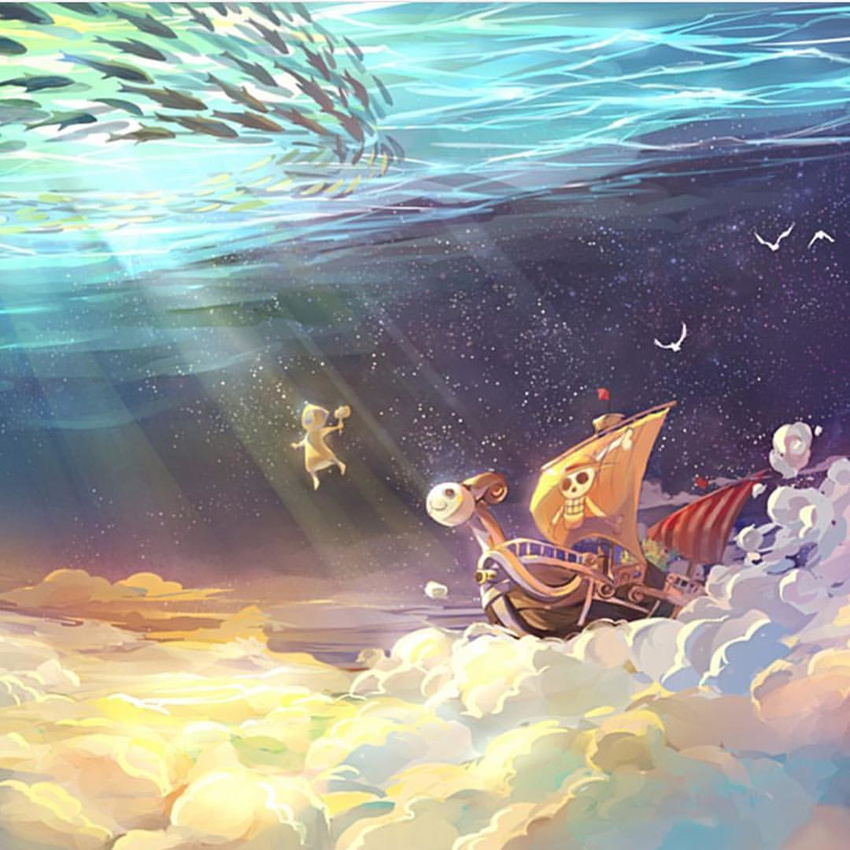 bird cloud fish flying going_merry one_piece ship space underwater