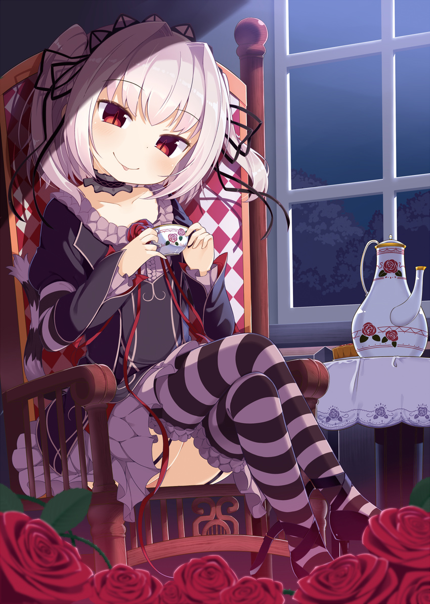 :p chair collarbone crossed_legs cup flower gothic_lolita grey_hair hapymaher highres indoors lolita_fashion muku_(muku-coffee) naitou_maia night red_eyes rose sitting slit_pupils solo striped striped_legwear tail teacup teapot thighhighs tongue tongue_out window