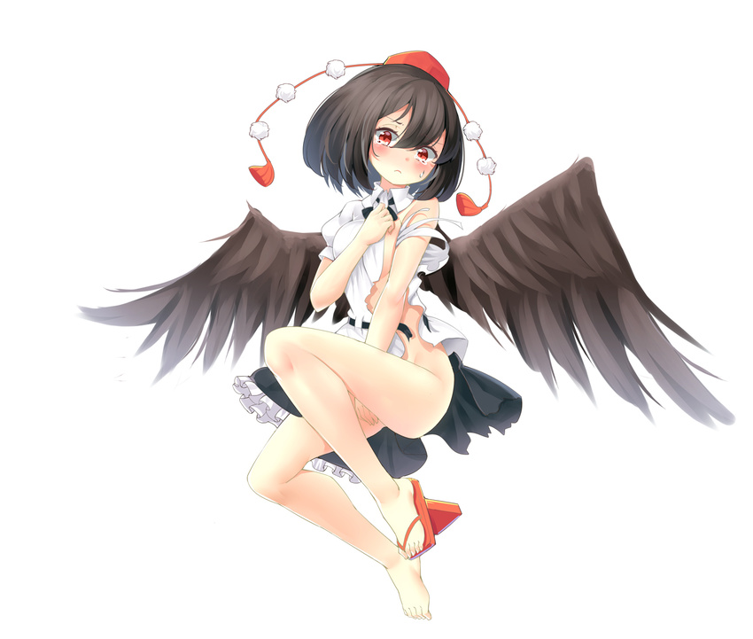 bad_id bad_pixiv_id bird_wings black_hair black_wings blush bottomless covering covering_breasts covering_crotch full_body geta hat hat_ribbon highres looking_at_viewer naked_shirt no_bra no_panties ootsuki_momiji pom_pom_(clothes) red_eyes ribbon shameimaru_aya shirt shoes single_shoe skirt skirt_removed solo tears tokin_hat torn_clothes torn_shirt torn_skirt touhou touhou_ayaria_epic wings