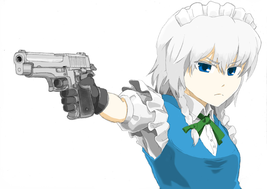 absurdres aiming air_glen black_gloves blue_eyes braid finger_on_trigger frown gloves gun handgun highres holding holding_gun holding_weapon izayoi_sakuya maid maid_headdress pistol short_hair sig_sauer sig_sauer_p228 silver_hair solo touhou twin_braids weapon white_background