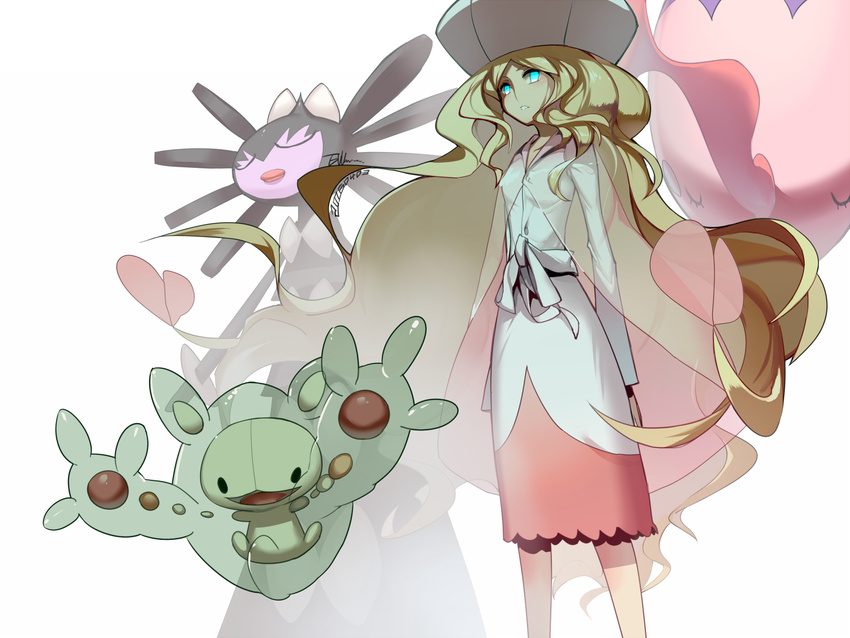 2016 arms_at_sides artist_name blonde_hair blue_eyes cattleya_(pokemon) closed_eyes dated dress ege_(597100016) elite_four from_below gen_5_pokemon gothitelle gym_leader hat legs_apart long_hair long_sleeves looking_at_viewer musharna pokemon pokemon_(creature) pokemon_(game) pokemon_bw pokemon_special reuniclus sash see-through standing very_long_hair wavy_hair white_background