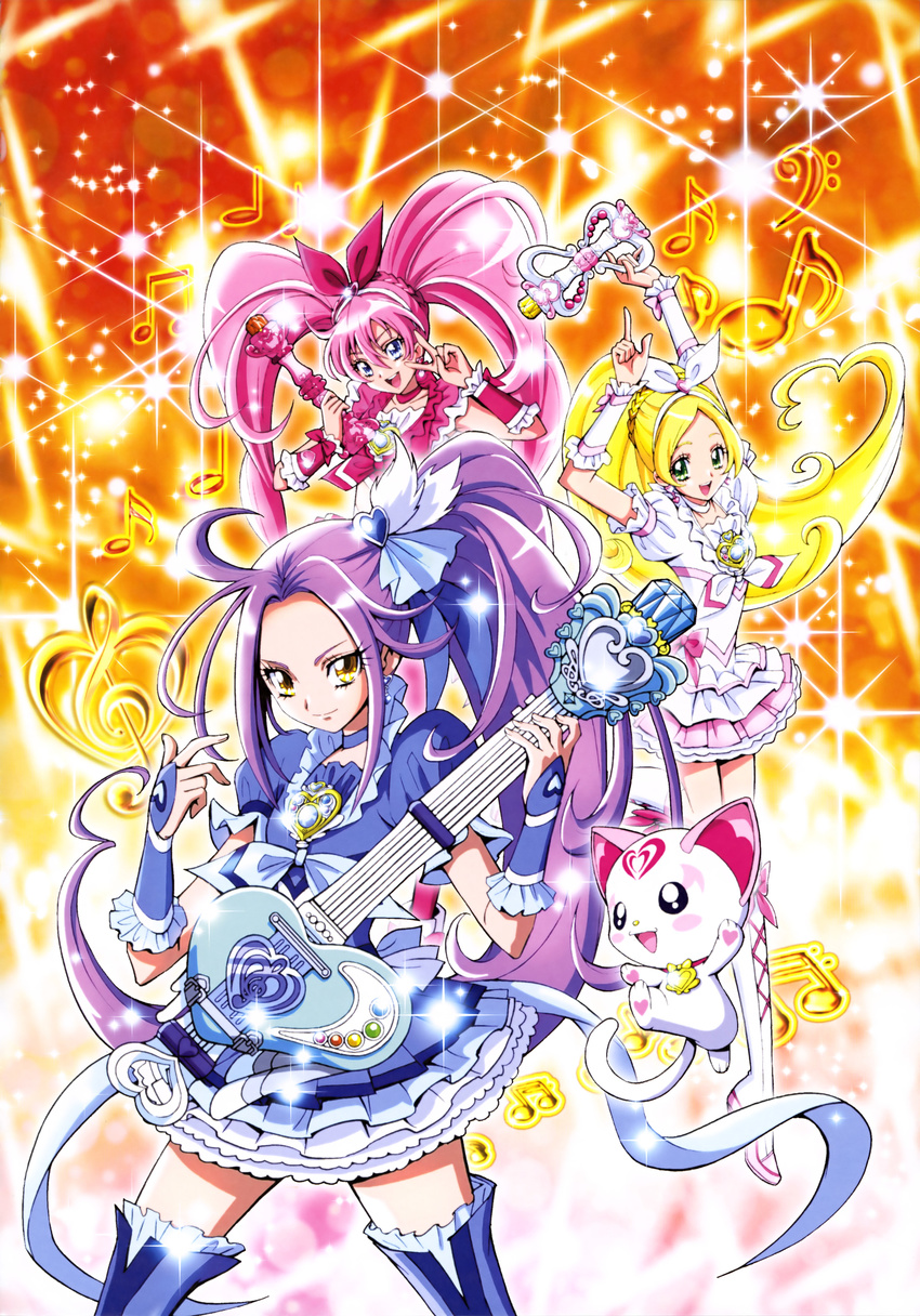 :d absurdres arms_up blonde_hair blue_eyes blue_footwear blue_ribbon boots bow bridal_gauntlets cat choker cure_beat cure_melody cure_rhythm earrings floating_hair g-clef_(suite_precure) green_eyes guitar hair_bow hair_ribbon heart heart_earrings high_ponytail highres holding holding_instrument houjou_hibiki hummy_(suite_precure) index_finger_raised instrument jewelry kamikita_futago knee_boots kurokawa_eren layered_skirt long_hair looking_at_viewer magical_girl minamino_kanade multiple_girls open_mouth pink_hair pink_skirt precure purple_hair red_ribbon ribbon ribbon_choker seiren_(suite_precure) short_sleeves side_ponytail skirt sleeveless smile standing suite_precure thigh_boots thighhighs twintails v very_long_hair white_footwear white_ribbon wrist_cuffs yellow_eyes