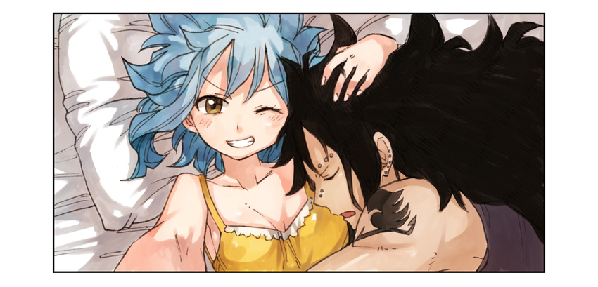 1girl couple fairy_tail gajeel_redfox levy_mcgarden rusky selfie sleeping