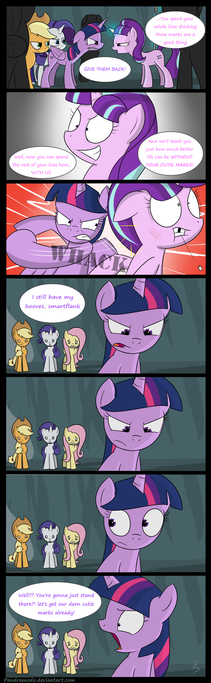 2015 absurd_res angry applejack_(mlp) cave comic cowboy_hat cutie_mark dialogue earth_pony english_text equine feathered_wings feathers female feral fight fluttershy_(mlp) friendship_is_magic fur group hair hat hi_res horn horse inside magic mammal my_little_pony pandramodo pegasus pony rarity_(mlp) starlight_glimmer_(mlp) text twilight_sparkle_(mlp) unicorn winged_unicorn wings