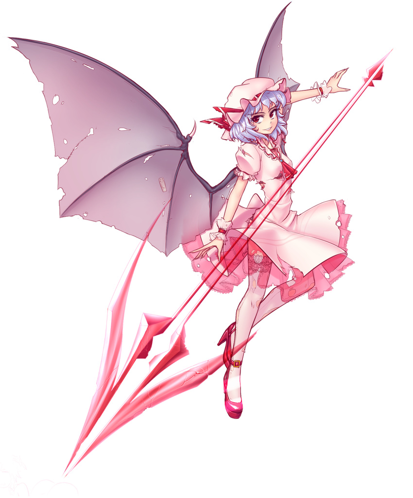 :d ascot bandages bandaid bandaid_on_wing bat_wings blue_hair bow breasts brooch buckle dress eyebrows floating floating_object frilled_shirt_collar frilled_sleeves frills full_body gem grin hat hat_bow hater_(hatater) high_heels highres huge_weapon jewelry lace lace-trimmed_thighhighs lips mob_cap open_mouth outstretched_arms polearm puffy_short_sleeves puffy_sleeves red_bow red_eyes red_footwear remilia_scarlet shoes short_hair short_sleeves silver_hair simple_background small_breasts smile solo spear spear_the_gungnir teeth thick_eyebrows thighhighs torn_clothes torn_dress torn_wings touhou tsurime weapon white_background white_dress white_legwear wings zettai_ryouiki