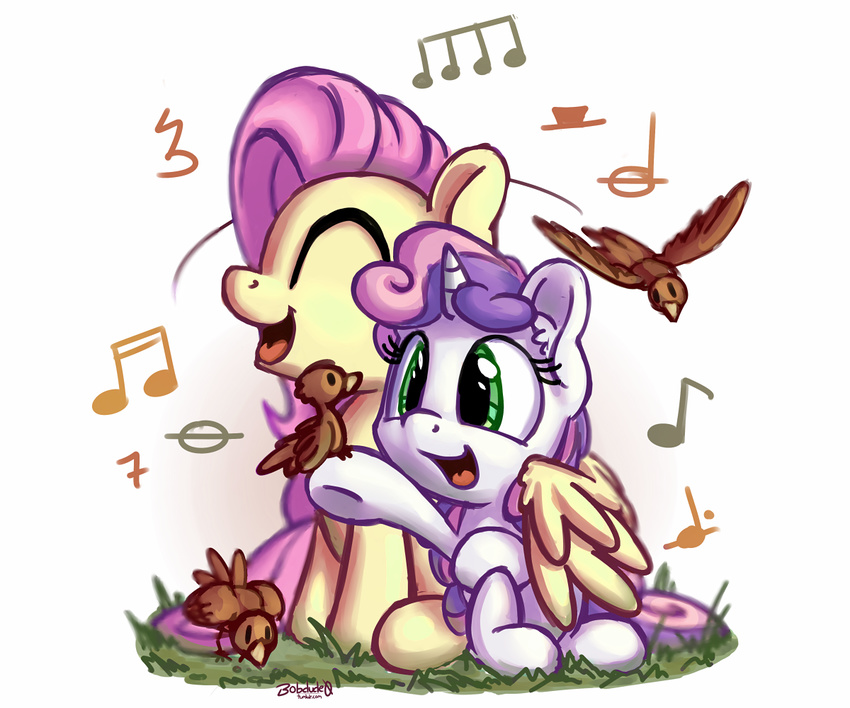 2016 avian bird bobdude0 equine feathered_wings feathers female feral fluttershy_(mlp) flying friendship_is_magic green_eyes hair hooves horn long_hair mammal multicolored_hair musical_note my_little_pony open_mouth pegasus pink_hair purple_hair simple_background singing sitting smile sweetie_belle_(mlp) two_tone_hair unicorn white_background wings young