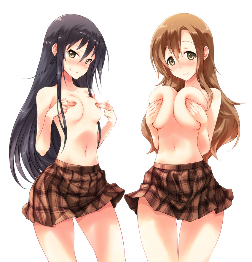 :&lt; amakusa_shino black_hair blush breast_squeeze breasts brown_eyes brown_hair brown_skirt character_request closed_mouth collarbone covering covering_breasts covering_nipples cowboy_shot fuyube_rion hair_between_eyes highres large_breasts long_hair looking_at_viewer multiple_girls navel nose_blush plaid plaid_skirt revision seitokai_yakuindomo shichijou_aria simple_background skirt standing stomach tareme thigh_gap topless tsurime v-shaped_eyebrows very_long_hair white_background