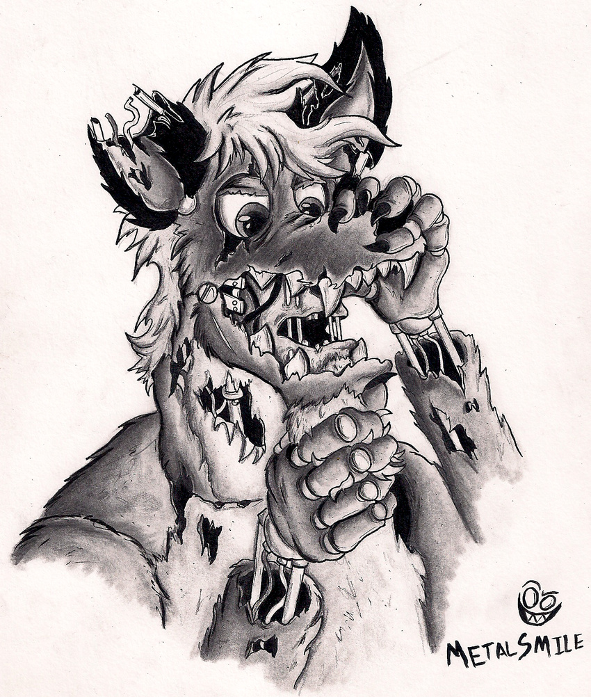 2016 animatronic anthro beard claws damaged death duo facial_hair five_nights_at_freddy's five_nights_at_freddy's_3 front_view fur grin hi_res human hyena lagomorph machine male male/male mammal metalsmile monochrome open_mouth paws robot sharp_teeth simple_background standing teeth traditional_media_(artwork) video_games white_background wires