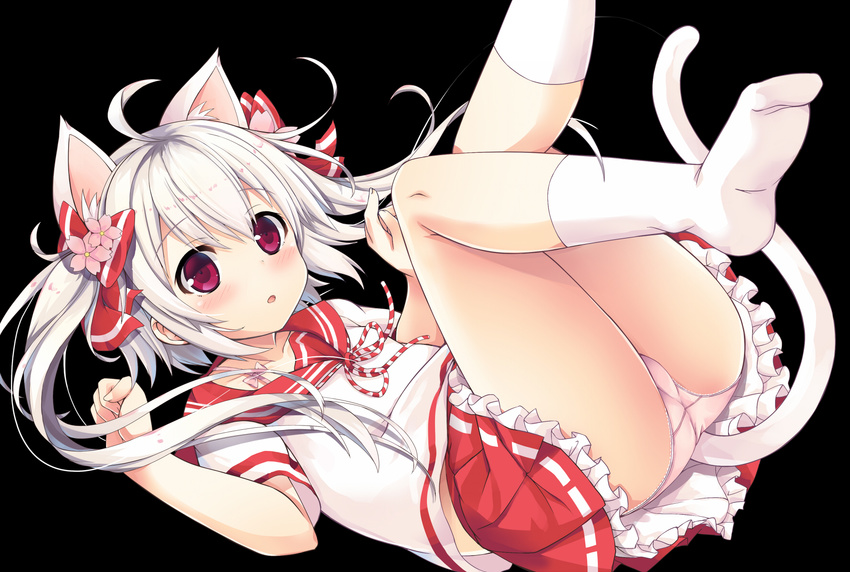 :o ahoge animal_ears ass black_background blush bow cat_ears cat_tail collarbone crotch_seam eyebrows eyebrows_visible_through_hair flower frilled_skirt frills hair_bow hair_flower hair_ornament highres kneepits legs_up long_hair looking_at_viewer lying neckerchief on_back original panties parted_lips pink_panties pleated_skirt red_bow red_eyes red_ribbon red_skirt ribbon sailor_collar sakuraba_hikaru_(loveindog) school_uniform serafuku shirt short_sleeves sidelocks silver_hair simple_background skirt socks soles solo sugimura_runa tail tareme thighs twintails underwear upskirt visible_ears white_legwear white_shirt