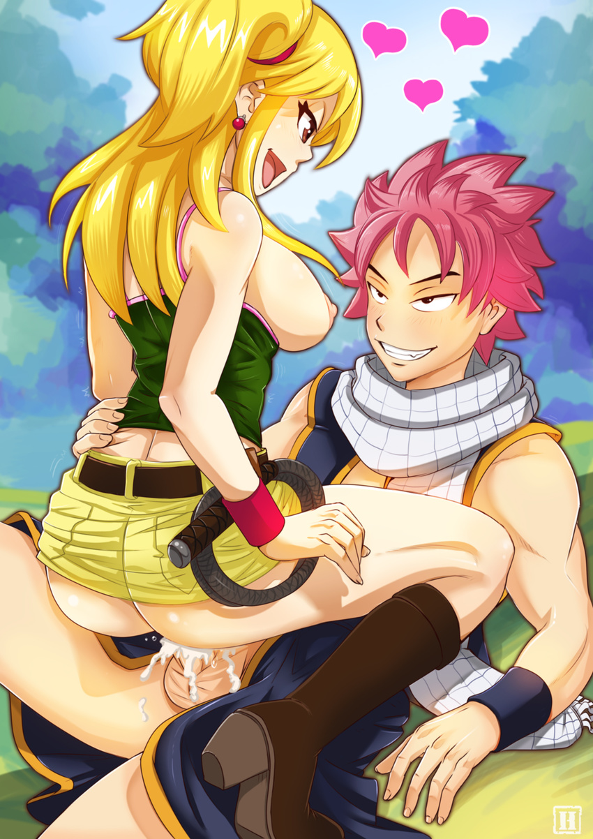 1girl :d arm ass bare_arms bare_shoulders belt black_eyes blonde_hair blush boots breasts breasts_outside brown_eyes clenched_teeth clothed_sex cloud couple cowgirl_position cum denim_skirt earrings eye_contact fairy_tail fang girl_on_top grin hand_on_another's_hip hand_on_another's_hip happy happy_sex heart hmage jewelry large_breasts long_hair looking_at_another lucy_heartfilia lying lying_on_person moaning muscle natsu_dragneel nipples one_side_up open_mouth penis pink_hair scarf sex shiny shiny_hair short_hair sideboob sitting sitting_on_person skirt sky smile spiked_hair tank_top teeth testicles uncensored vaginal whip wristband yellow_skirt