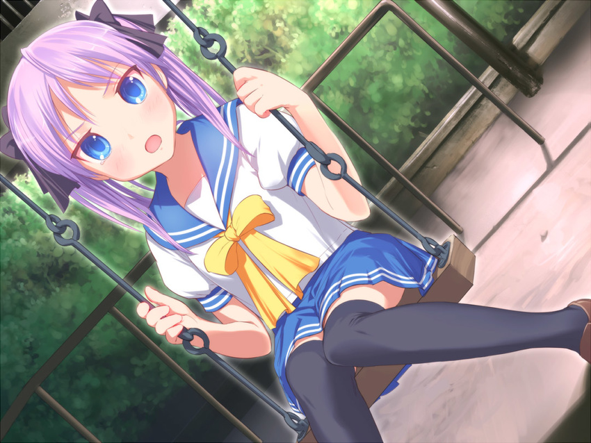 black_legwear blue_eyes dutch_angle hiiragi_kagami lucky_star open_mouth purple_hair ryouou_school_uniform school_uniform serafuku solo swing thighhighs uni zettai_ryouiki