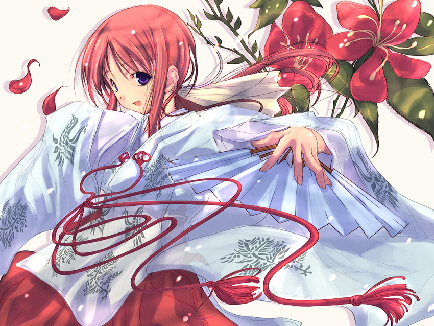 bird chihaya_(clothing) crane_(animal) fan flower folding_fan japanese_clothes long_hair looking_at_viewer miko miyashiro_karin open_mouth ozaki_hiroki petals ponytail purple_eyes red_hair solo suigetsu wallpaper