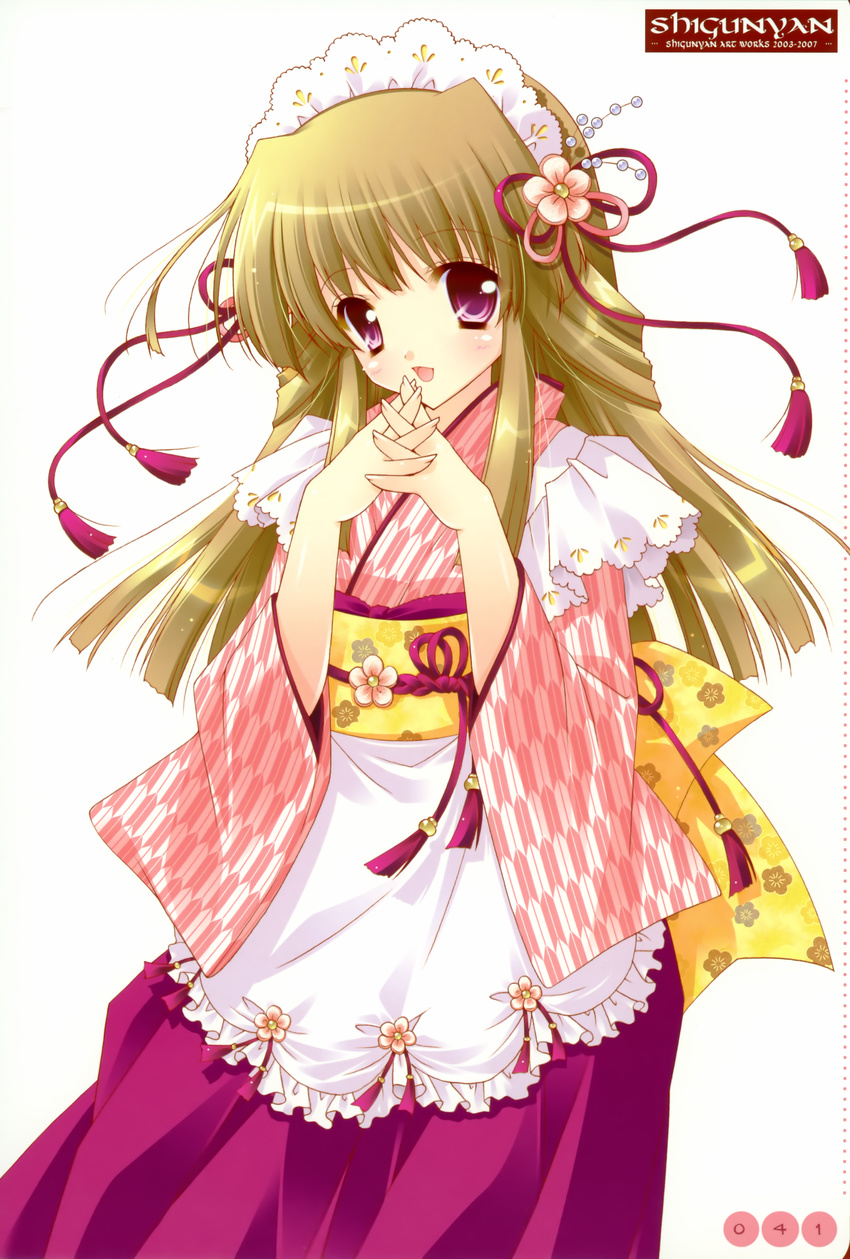 absurdres apron blonde_hair blush bow copyright_request flower frills hair_bow hair_ornament happy highres japanese_clothes kimono long_hair long_sleeves open_mouth purple_hair ribbon shigunyan simple_background smile solo wide_sleeves yagasuri