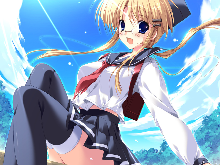 copyright_request floating_hair glasses hair_ornament hairclip hat highres light_rays long_hair low_ponytail mikeou school_uniform sidelocks solo sunbeam sunlight thighhighs upskirt
