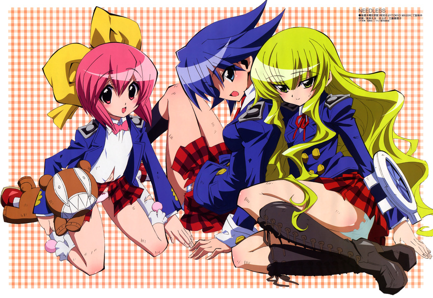 :d aqua_panties arm_support ass bangs black_legwear blazer blue_eyes blue_hair blue_panties blush bobby_socks body_blush boots bow bow_panties bowtie breasts buttons cross-laced_footwear flat_chest flipped_hair frilled_panties frills green_eyes green_hair hair_bow head_tilt highres injury jacket knee_boots kneehighs kneeling kuchinashi_(needless) light_smile long_hair long_sleeves looking_at_viewer megami miniskirt mio_(needless) multiple_girls navel neck_ribbon necktie needless non-web_source official_art open_mouth panties pantyshot pantyshot_(kneeling) pantyshot_(sitting) pink_eyes pink_hair pink_panties plaid plaid_background plaid_skirt pleated_skirt reclining ribbon sakai_kyuuta scan school_uniform setsuna_(needless) sharp_teeth short_hair sidelocks sitting skirt sleeve_cuffs small_breasts smile socks stuffed_animal stuffed_toy teddy_bear teeth torn_clothes torn_skirt underwear very_long_hair wavy_hair