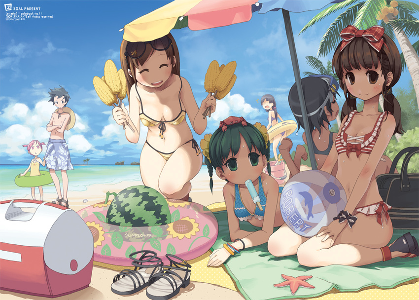 6+girls ^_^ ball beach beach_umbrella beachball bikini blanket bow closed_eyes clothes_grab cooler corn crab crustacean day diving_mask downblouse eyewear_on_head food frilled_bikini frills innertube legs lena_(zoal) male_swimwear mouth_hold multiple_girls object_on_head ocean one-piece_swimsuit original outdoors popsicle sandals shade short_hair smile starfish string_bikini sunglasses swim_trunks swimsuit swimwear umbrella