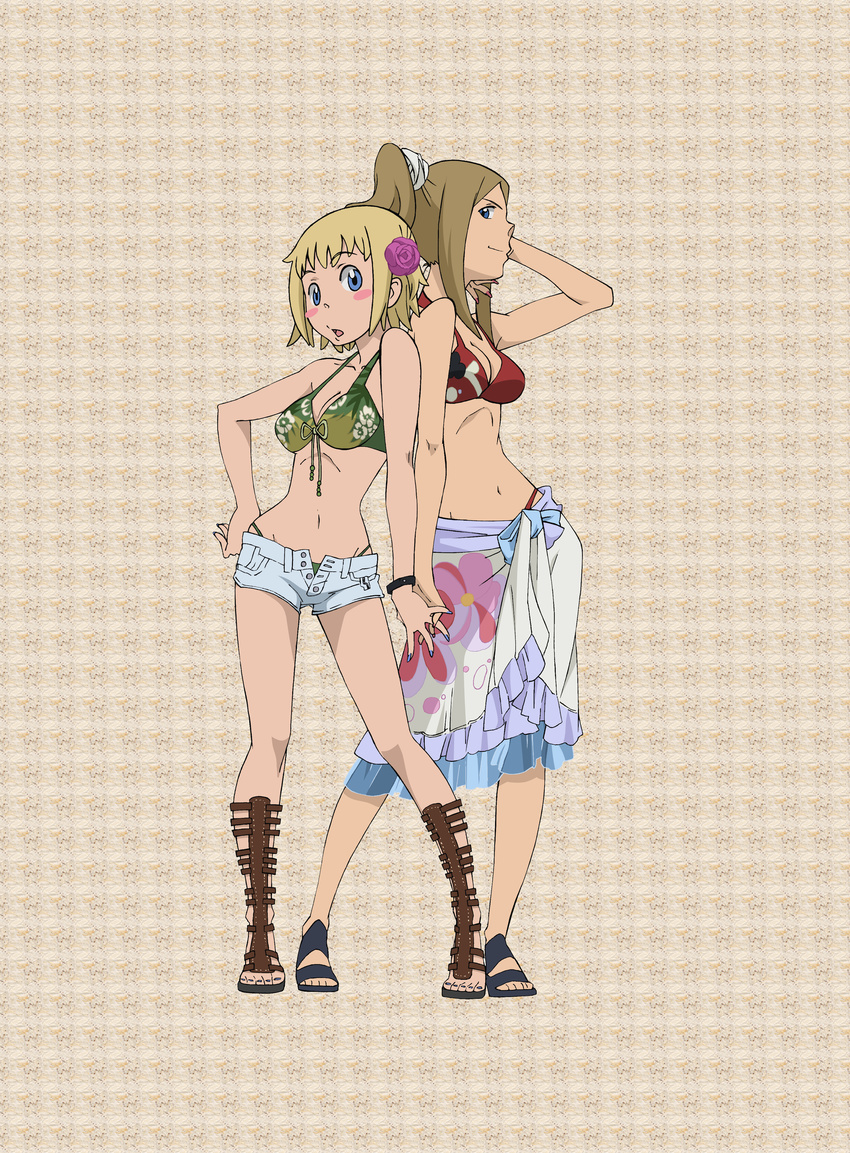 absurdres artist_request bikini bikini_top blonde_hair blue_eyes blush_stickers breasts cleavage contrapposto elizabeth_thompson floral_print flower flower_on_head front-tie_top highres medium_breasts midriff multiple_girls navel open_mouth patricia_thompson ponytail print_sarong rose sandals sarong short_shorts shorts siblings soul_eater standing swimsuit tareme tsurime unbuttoned white_sarong