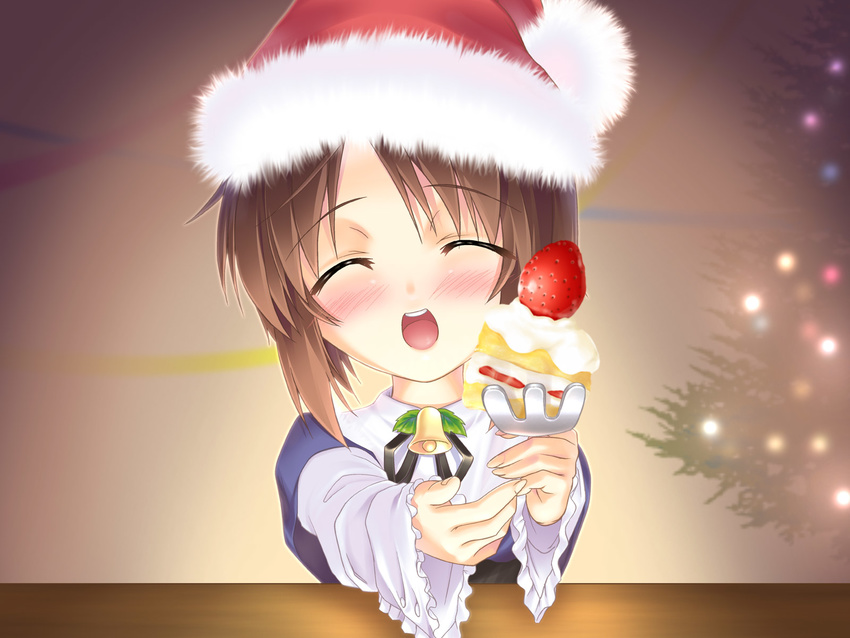 bell blush brown_hair cake christmas christmas_tree closed_eyes face food fruit giving hat highres open_mouth pastry rozen_maiden santa_hat short_hair solo souseiseki strawberry strawberry_shortcake tachibana_surimu upper_body