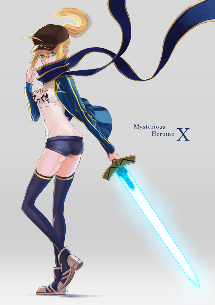1girl ahoge artoria_pendragon_(all) ass black_hat blue_buruma blue_jacket blue_legwear blue_scarf buruma character_name excalibur fate/grand_order fate_(series) from_side full_body green_eyes grey_background gym_uniform hair_between_eyes hat higa-tsubasa highres holding holding_sword holding_weapon jacket long_sleeves looking_at_viewer mysterious_heroine_x open_clothes open_jacket peaked_cap scarf shirt simple_background solo standing sword thighhighs weapon white_shirt