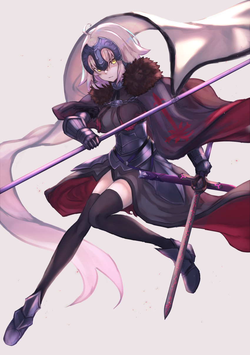1girl absurdres ahoge armor armored_dress banner black_dress black_legwear dress fate/grand_order fate_(series) faulds fifty1202 full_body grey_background headpiece highres holding holding_sword holding_weapon jeanne_d'arc_(alter)_(fate) jeanne_d'arc_(fate)_(all) looking_at_viewer short_hair silver_hair simple_background solo sword thighhighs weapon yellow_eyes zettai_ryouiki