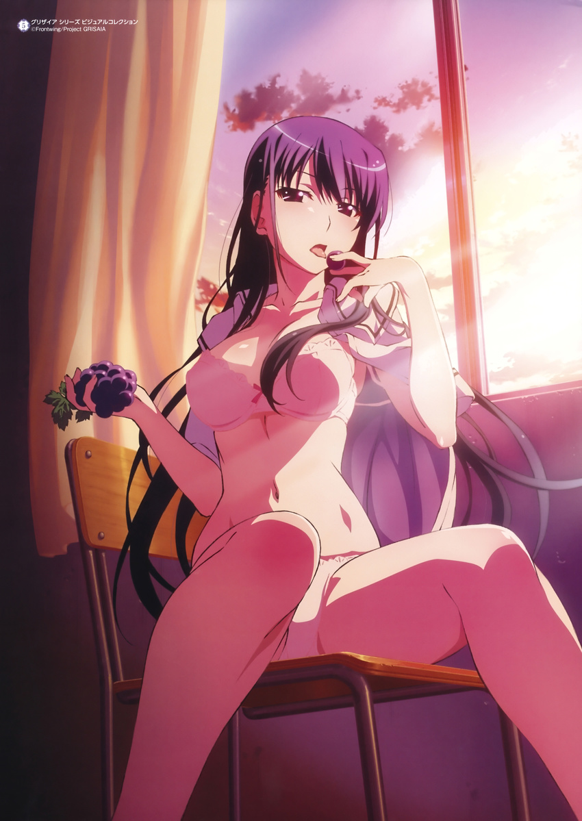 absurdres blush bow bow_bra bra breasts chair cloud collarbone curtains eating erect_nipples food fruit grapes grisaia_(series) grisaia_no_kajitsu highres large_breasts long_hair long_legs navel nyantype official_art panties pink_bra pink_panties purple_eyes purple_hair ribbon sakaki_yumiko scan school_uniform shiny shiny_hair sitting sky solo sunlight tongue tongue_out underwear watanabe_akio window