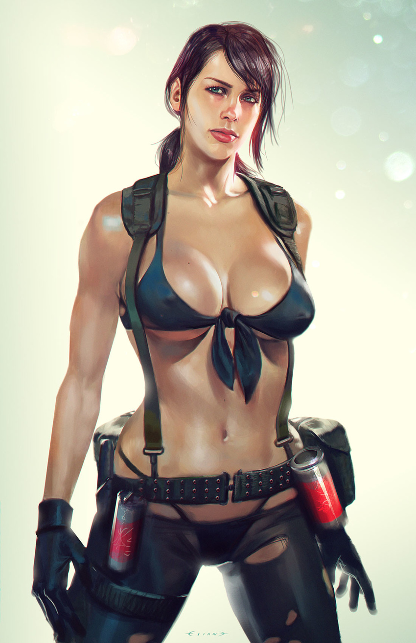 artstation_sample belt bikini breasts brown_hair cleavage covered_nipples eliant_elias explosive front-tie_bikini front-tie_top gloves grenade highres holster image_sample large_breasts lips looking_at_viewer metal_gear_(series) metal_gear_solid_v navel pantyhose ponytail quiet_(metal_gear) realistic smoke_grenade solo suspenders swimsuit torn_clothes torn_legwear