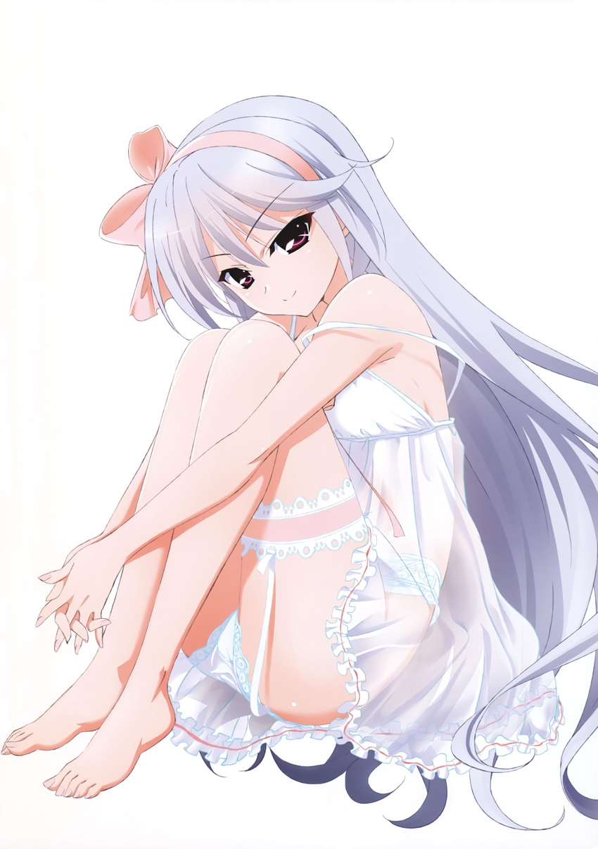 barefoot blush feet grisaia_(series) grisaia_no_kajitsu kazami_kazuki long_hair looking_at_viewer official_art purple_hair red_eyes solo toes underwear very_long_hair