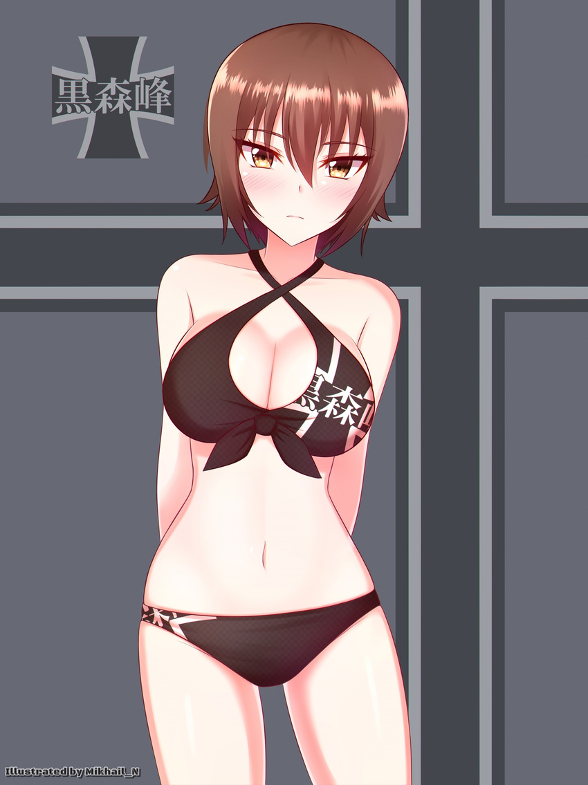 arms_behind_back artist_name bare_arms bare_legs bare_shoulders bikini blush breasts brown_bikini brown_eyes brown_hair brown_ribbon checkered checkered_bikini cleavage closed_mouth clothes_writing collarbone criss-cross_halter emblem eyebrows eyebrows_visible_through_hair front-tie_top frown girls_und_panzer hair_between_eyes halter_top halterneck head_tilt highres iron_cross kanji kuromorimine_(emblem) large_breasts looking_at_viewer midriff mikhail_n navel nishizumi_maho ribbon short_hair solo standing stomach swimsuit thighs tsurime