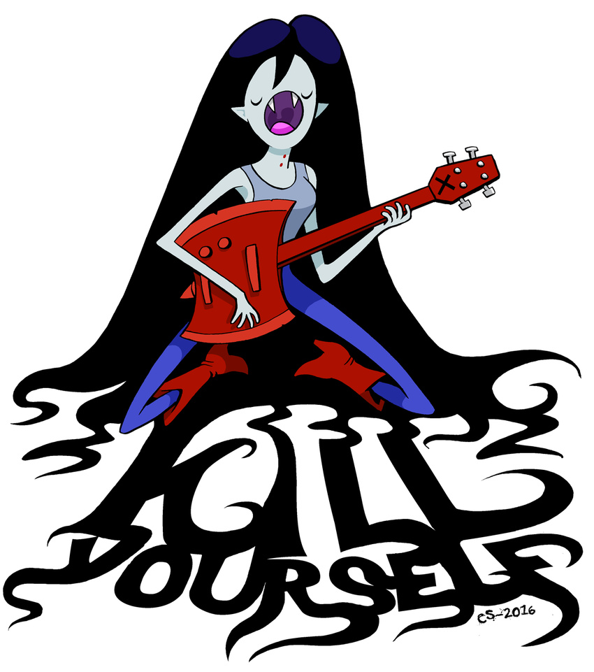 2016 adventure_time axe black_hair boots breasts clothed clothing curtsibling english_text eyes_closed fangs female footwear grey_skin guitar hair humanoid long_hair marceline melee_weapon musical_instrument open_mouth pants parody shirt solo tank_top teeth text tongue vampire watermark weapon