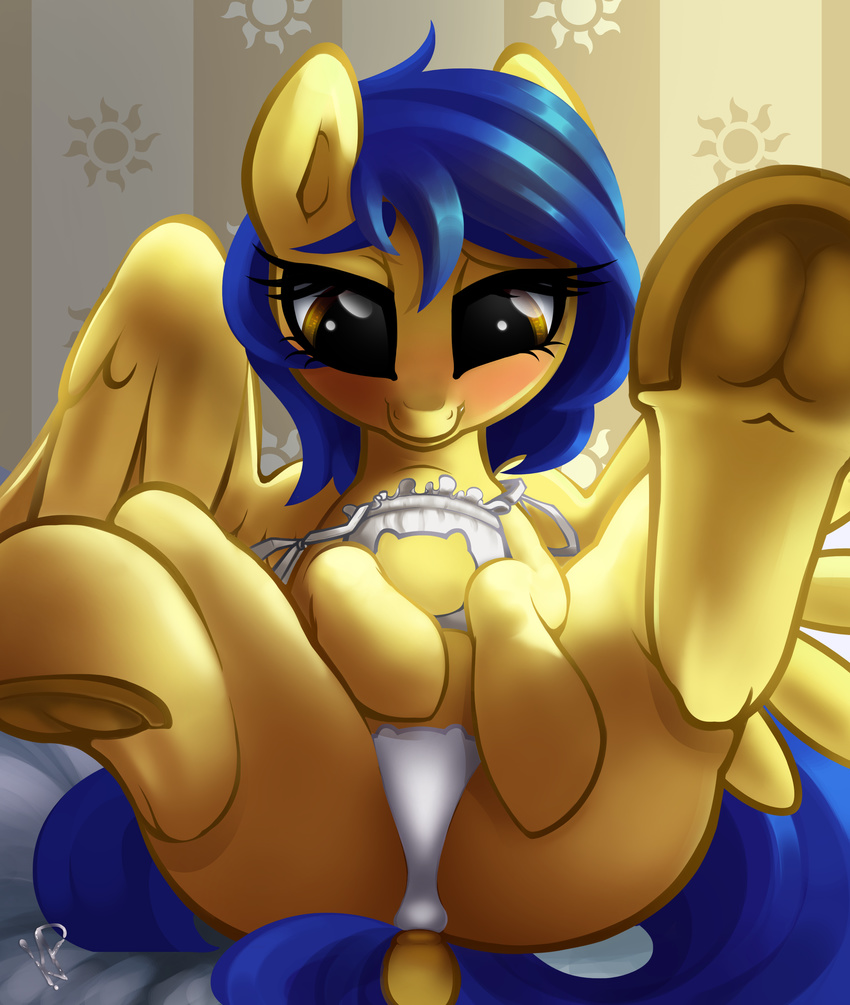 2016 absurd_res blue_hair cat_lingerie clothed clothing dock equine fan_character feathered_wings feathers female feral hair hi_res hooves inside kinkypinkie lingerie looking_at_viewer mammal my_little_pony panties pegasus silvia_windmane smile solo spread_legs spreading underhoof underwear wings