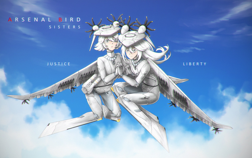 2girls ace_combat_7 arsenal_bird blue_sky bodysuit cloud contra-rotating_propellers flying hair_between_eyes hand_holding headgear highres kama_iruka long_hair looking_at_viewer mecha_musume multiple_girls personification propeller short_hair sky white_hair wide-eyed wings yellow_eyes