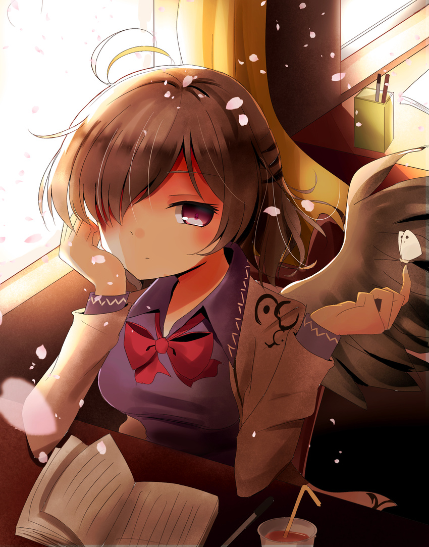 absurdres angel_wings book brown_hair butterfly_on_hand cup curtains drinking_straw hair_over_one_eye highres indo_(mdtanaka2007) jacket kishin_sagume long_sleeves looking_at_viewer open_clothes open_jacket pen petals purple_eyes purple_hair single_wing sitting solo table touhou window wings