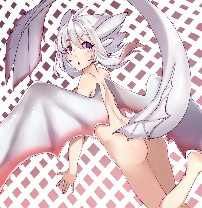 2019 animal_humanoid blush breasts dk- dragon_humanoid female hair hi_res horn humanoid light_fury multicolored_hair nude pink_eyes red_hair silver_soul simple_background small_breasts solo two_tone_hair white_hair wings