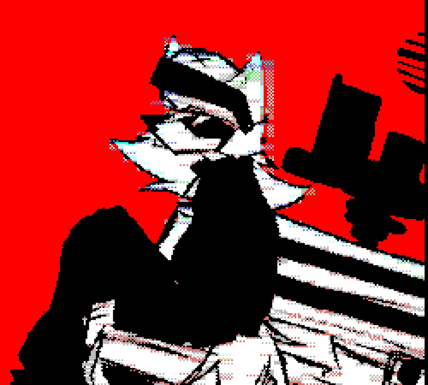 80s 8_bit anthro armor black_and_white canine car clotches clothing fur glitch hair headwear helmet jacket mammal monochrome noir noite raccoon retro simple_background urban vehicle wolf