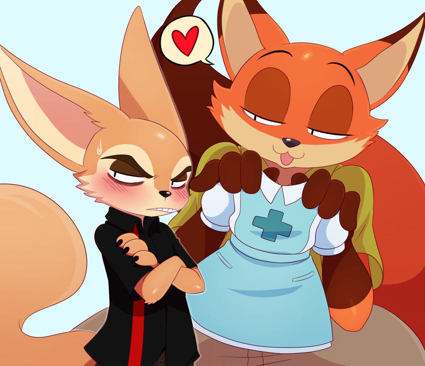 &lt;3 2016 angry anthro blush canine claws clothing crossed_arms disney dress duo fennec finnick fox gloves_(marking) hi_res holding_object male mammal markings nick_wilde sssonic2 sweat sweatdrop zootopia