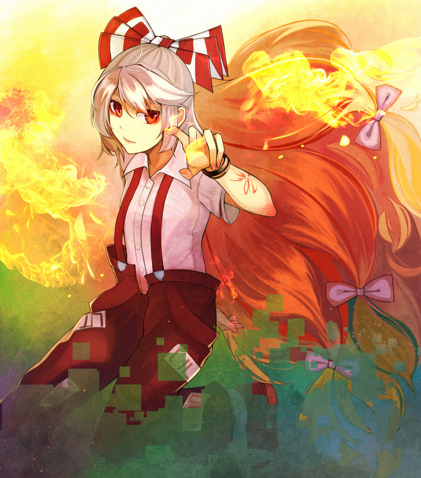 bad_id bad_pixiv_id bangs big_hair bow bracelet collared_shirt digital_dissolve expressionless fire flat_chest fujiwara_no_mokou gradient_hair hair_bow hand_up highres jewelry leg_up long_hair looking_at_viewer multicolored_hair open_pants pants red_eyes red_footwear red_hair red_pants scroll_lock_(scrool5) shirt shoes short_sleeves silver_hair solo suspenders tattoo touhou very_long_hair white_shirt