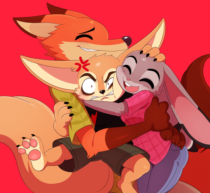 2016 angry anthro buckteeth canine claws disney eyes_closed female fennec finnick fox fur gloves_(marking) grey_fur group hi_res hindpaw hug judy_hopps lagomorph long_ears male mammal markings nick_wilde open_mouth orange_fur pawpads paws rabbit red_background simple_background sssonic2 teeth toe_claws zootopia