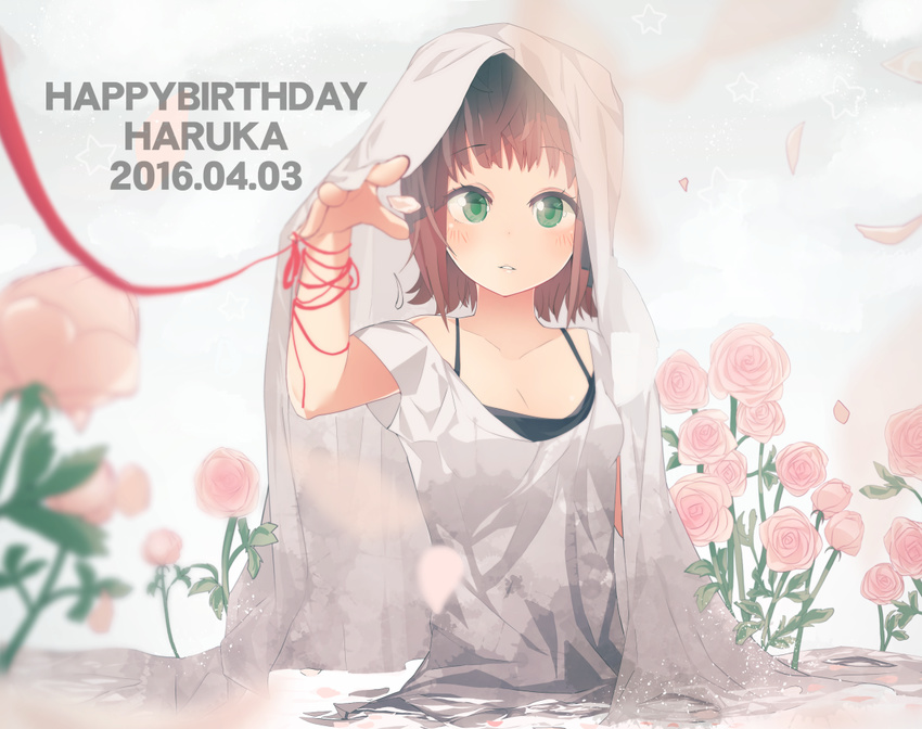 2016 amami_haruka arm_ribbon bangs blurry blush brown_hair character_name dated depth_of_field english eyebrows eyebrows_visible_through_hair flower green_eyes hair_ribbon hand_up happy_birthday idolmaster idolmaster_(classic) laki looking_at_viewer off_shoulder outstretched_arm partially_submerged petals pink_flower red_ribbon ribbon short_hair solo upper_body veil wading water