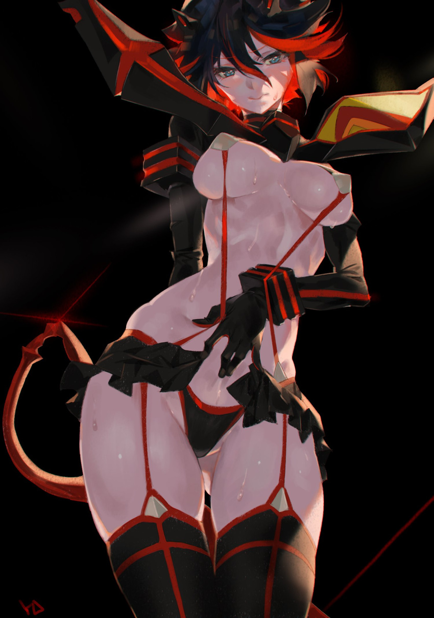 armlet ass_visible_through_thighs black black_background black_gloves black_hair black_legwear black_skirt blue_eyes blush breasts cleavage covered_nipples cowboy_shot from_below garter_straps glint gloves hand_on_own_chest highres kill_la_kill large_breasts matoi_ryuuko multicolored_hair red_hair revealing_clothes scissor_blade senketsu shoulder_pads showgirl_skirt simple_background skirt solo standing streaked_hair sweat sweatdrop thighhighs underboob yang-do