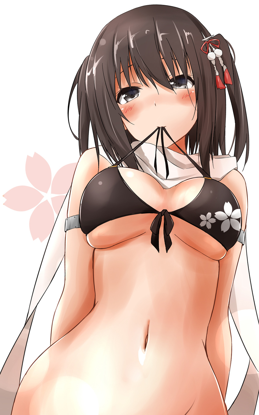 absurdres arms_behind_back bangs bare_shoulders bikini bikini_top black_eyes blush breasts brown_hair hair_between_eyes hair_ornament highres kantai_collection looking_at_viewer medium_breasts mouth_hold navel no_panties out-of-frame_censoring remodel_(kantai_collection) saku_(kudrove) scarf sendai_(kantai_collection) solo swimsuit two_side_up white_scarf