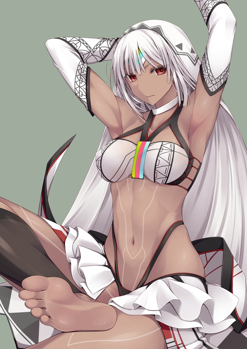 altera_(fate) apron armpits arms_up bangs bare_shoulders barefoot bikini black_bikini_bottom black_legwear blunt_bangs breasts cleavage closed_mouth collar dark_skin expressionless fate/grand_order fate_(series) feet frilled_skirt frills green_background head_tilt headpiece highres kneehighs large_breasts layered_skirt long_hair looking_at_viewer midriff mismatched_bikini naturalton navel red_eyes revealing_clothes showgirl_skirt silver_hair simple_background skirt soles solo stomach swimsuit tattoo thong_bikini toes toned veil very_long_hair waist_apron white_bikini_top white_skirt