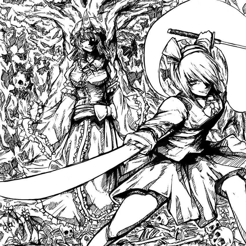 bone bow bowtie bug butterfly dress dual_wielding evil_grin evil_smile flower frills ghost greyscale grin hair_ribbon hairband hat highres holding holding_sword holding_weapon insect katana konpaku_youmu konpaku_youmu_(ghost) long_sleeves looking_at_viewer monochrome mortlevenin multiple_girls one_eye_covered puffy_sleeves ribbon saigyou_ayakashi saigyouji_yuyuko short_hair skirt skull smile sword touhou tree vest weapon wide_sleeves