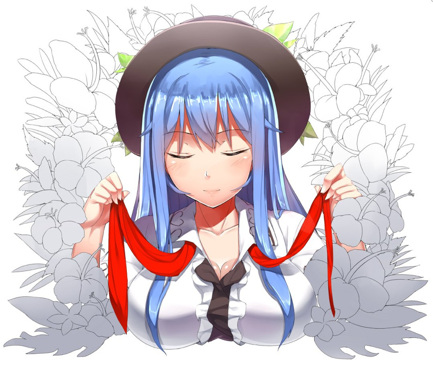 black_hat blue_hair bowler_hat breasts center_frills cleavage closed_eyes closed_mouth collarbone collared_shirt flower hat hinanawi_tenshi large_breasts long_hair necktie neropaso partially_colored red_neckwear shirt sidelocks simple_background smile solo touhou undone_necktie upper_body very_long_hair white_background white_shirt