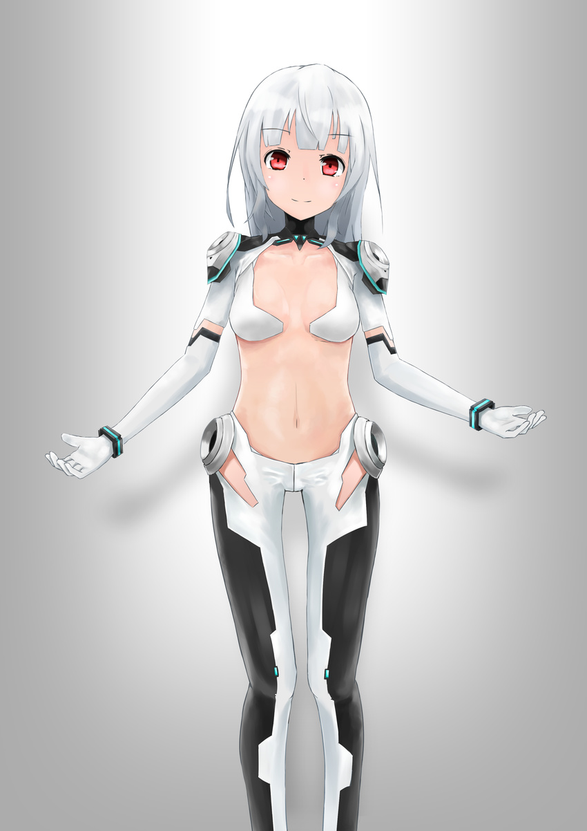 absurdres arms_at_sides bad_id bad_pixiv_id bangs blunt_bangs blush bodysuit bracelet breasts center_opening cleavage closed_mouth elbow_gloves eyebrows eyebrows_visible_through_hair faulds gloves grey_background highres jewelry legs_apart midriff navel original osanzi red_eyes revealing_clothes short_hair short_sleeves shoulder_pads silver_hair simple_background small_breasts smile solo standing stomach tareme white_gloves