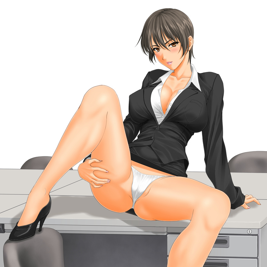 arm_support bad_id bad_pixiv_id black_hair blush breasts brown_eyes business_suit cameltoe cleavage fingernails formal high_heels highres huge_breasts long_fingernails looking_at_viewer muryuuin_tayun original panties parted_lips revision short_hair skirt skirt_lift smile solo spread_legs suit taut_clothes underwear